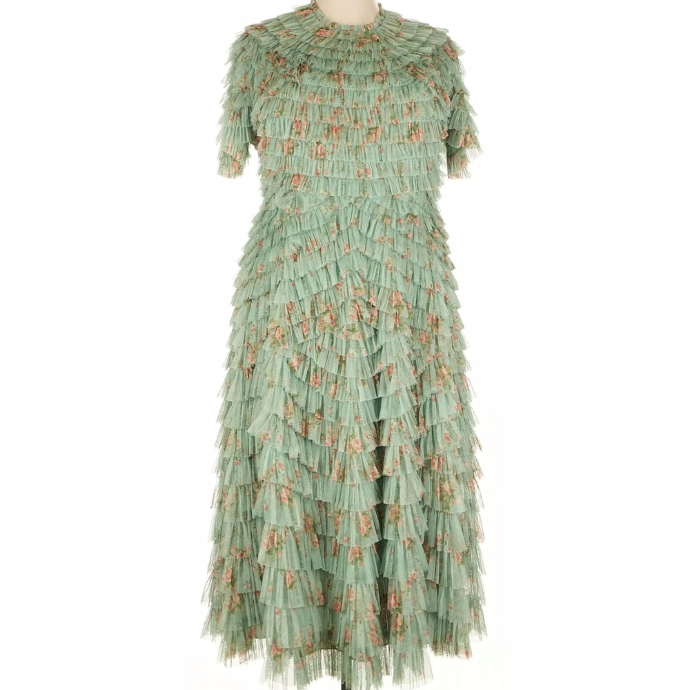 Mac Duggal Green Floral Ruffle Midi Dress
